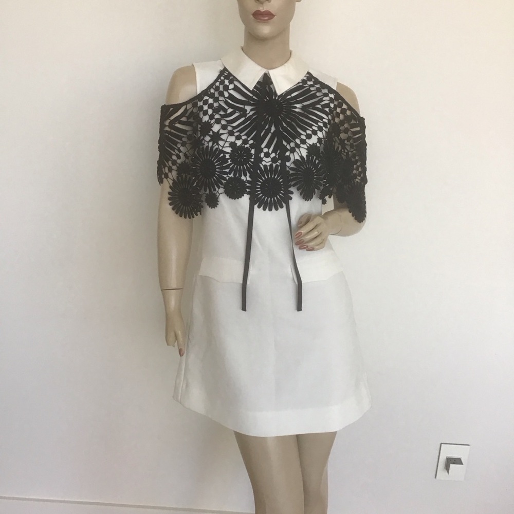 Self Portrait Black White Monochrome Crepe Lace Cape‎ Sleeveless Mini Dress US 4